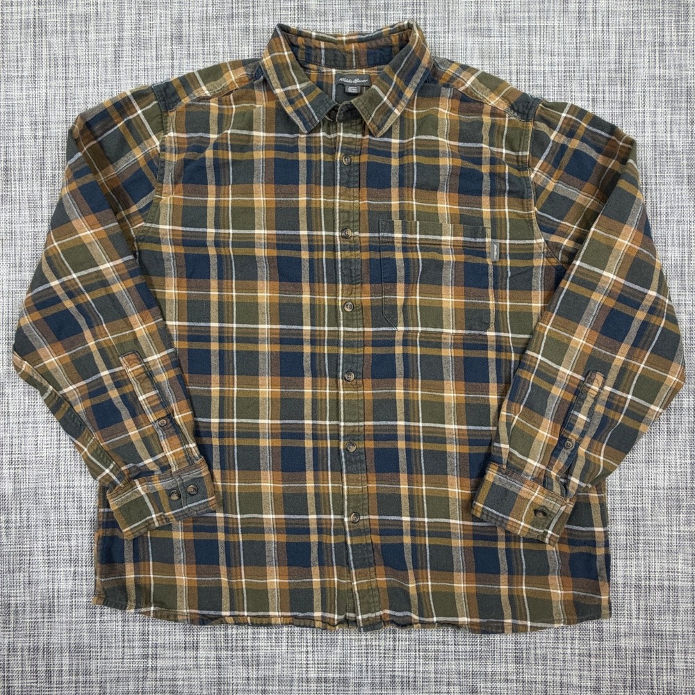 Eddie Bauer Mens XXL Green Brown Plaid Cotton Flannel Shirt Long Sleeve Button